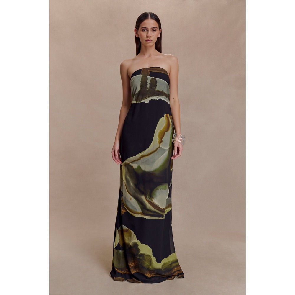 Meshki Amaya Strapless chiffon Abstract Print Maxi Dress Black Green XS